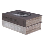 Set of two decorative book style storage boxes with faux interior design book covers and hidden storage compartments