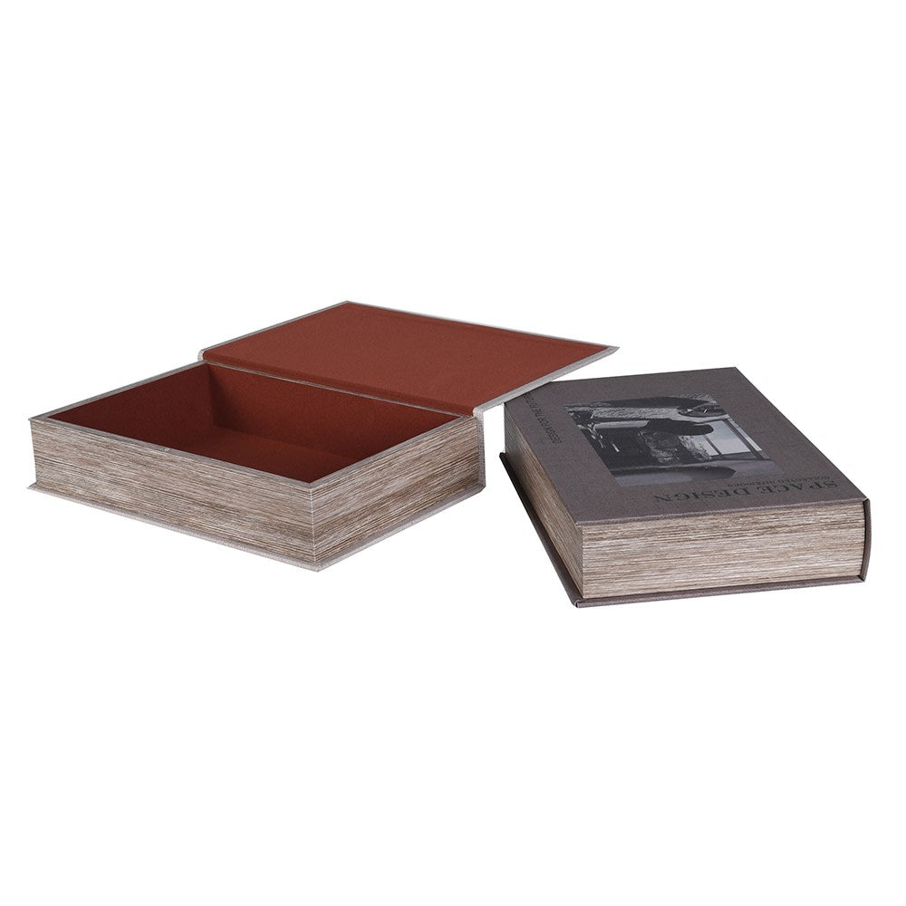Set of two decorative book style storage boxes with faux interior design book covers and hidden storage compartments