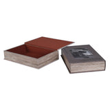 Set of two decorative book style storage boxes with faux interior design book covers and hidden storage compartments