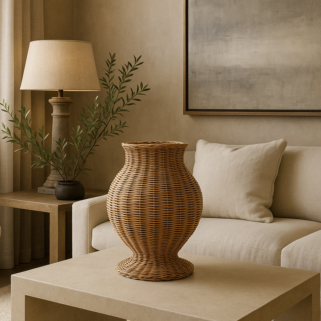 Indulge in the refined beauty of our exquisite Shola Rattan Vase, a luxurious piece that exudes sophistication and exclusivity. Crafted from the finest rattan materials, this vase will add a touch of elegance and taste to any space.





Dimensions:
H 35cm W 28cm&nbsp;
