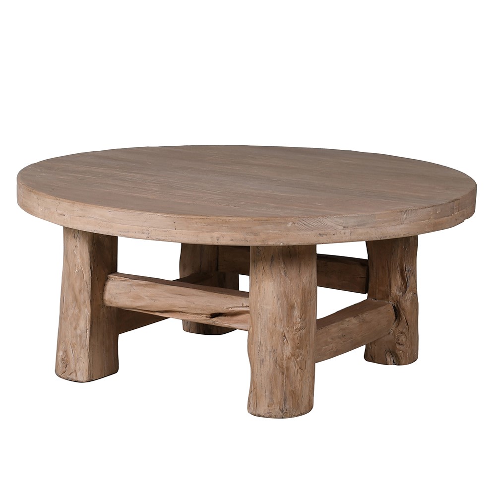 Rustic round coffee table made from reclaimed elm wood - front angle