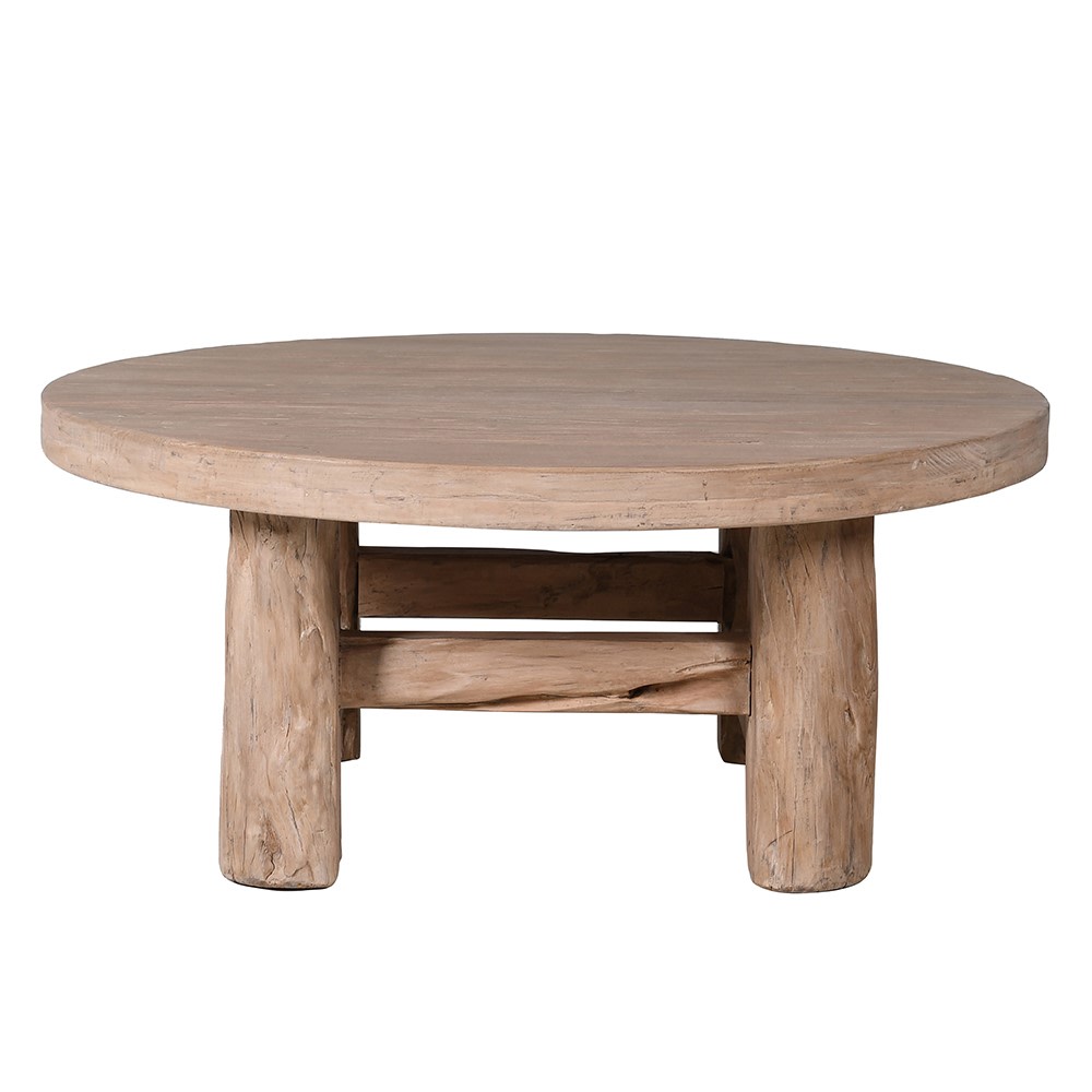 Straight-on view of rustic coffee table with thick legs and cross braces