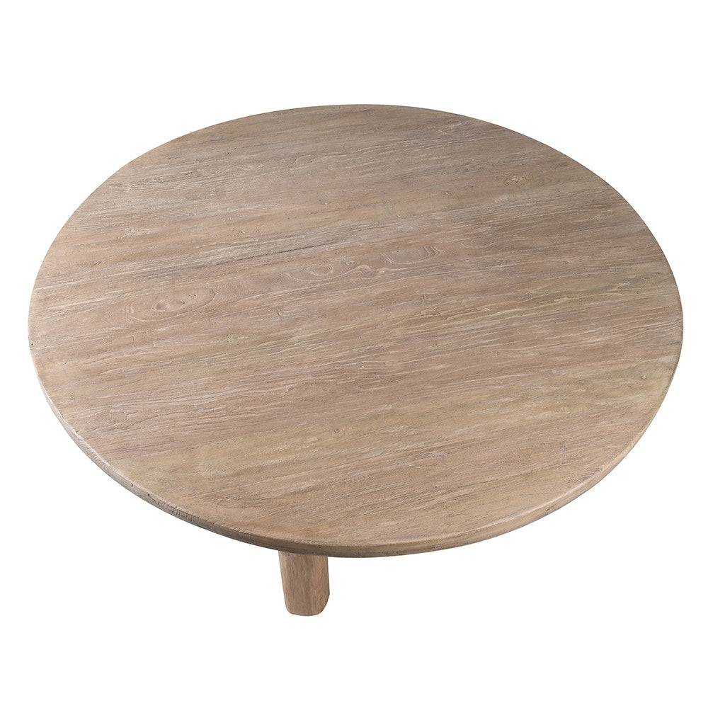 Round reclaimed elm dining table showing natural wood grain texture