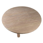 Round reclaimed elm dining table showing natural wood grain texture