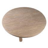 Round reclaimed elm dining table showing natural wood grain texture