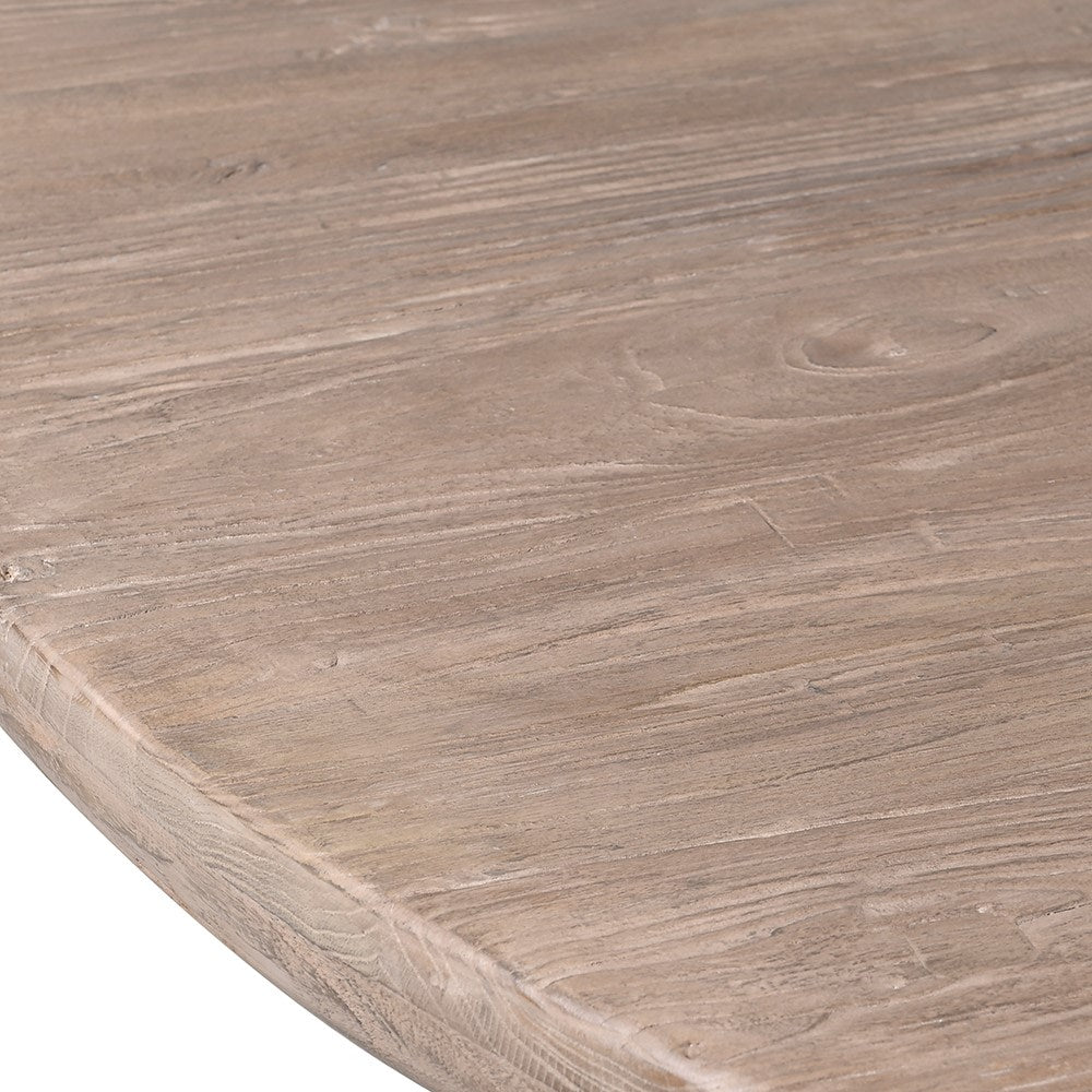 Detailed close-up of Sierra reclaimed elm dining table surface with natural wood knots
