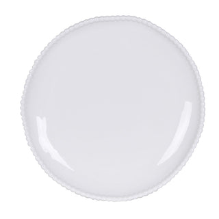Single white ceramic dinner plate with a raised pearl beaded rim