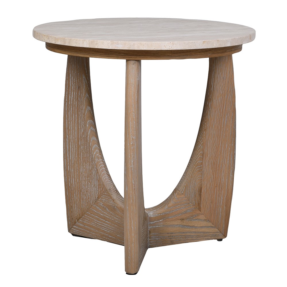 Round oak and travertine side table with sculptural wood base
