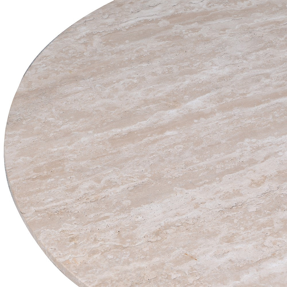 Close-up of honed natural travertine tabletop with subtle veining