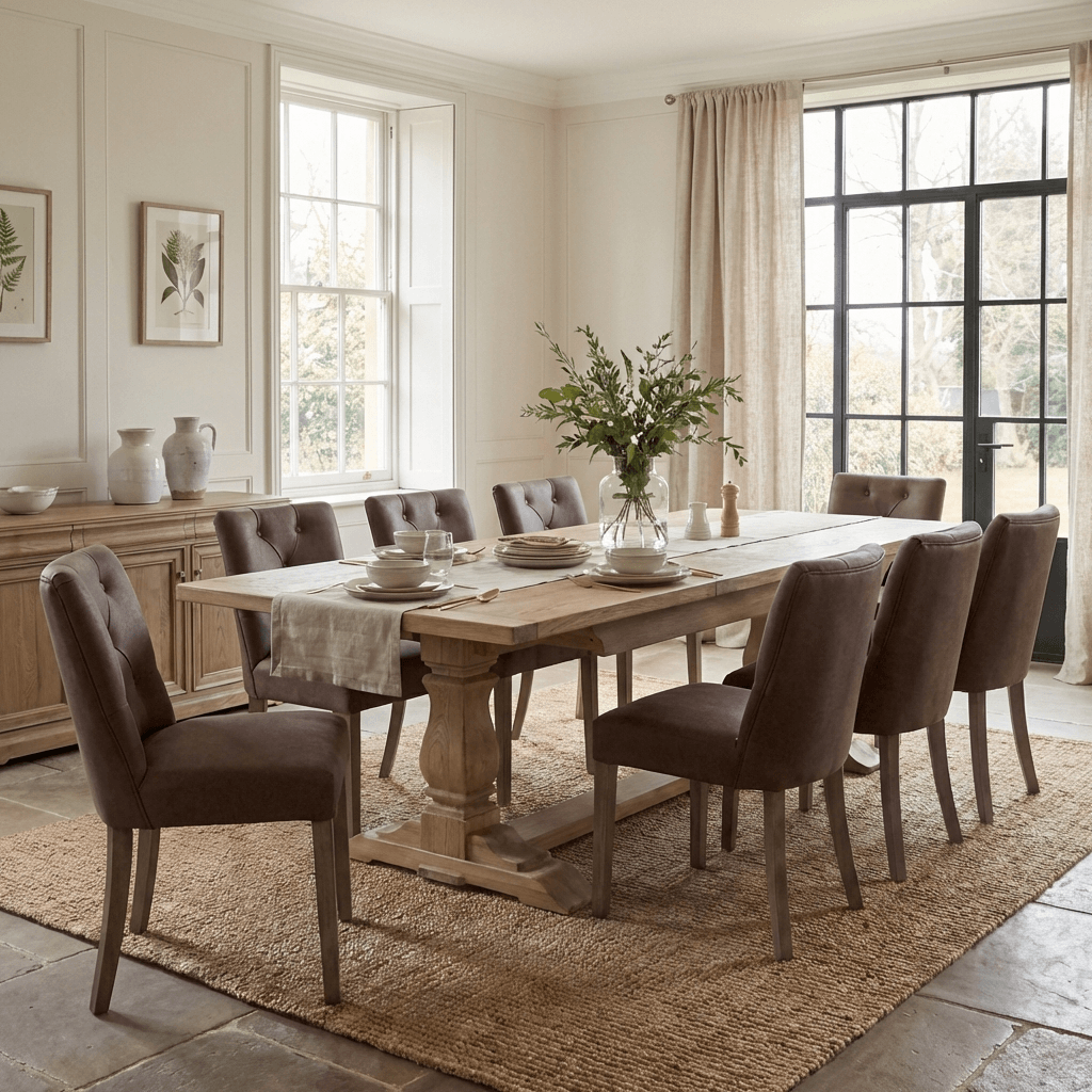 Stanton leather dining chairs around a rustic oak dining table in a country dining room