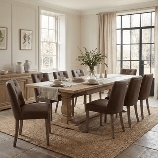 Stanton leather dining chairs around a rustic oak dining table in a country dining room
