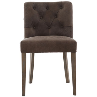 A single upholstered dining chair with a tufted backrest and seat, shown against a plain white background. The chair is upholstered in a dark brown textured fabric and supported by four tapered wooden legs with a medium brown finish.