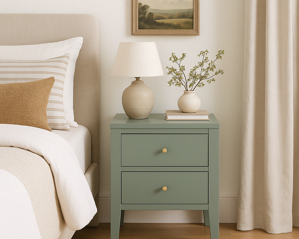 Meet our gorgeous Stockton two drawer Pigeon green bedside table featuring tapered legs, cut lines, wooden runners on drawers and brass style handles.

Dimensions:

H60cm W 40cm D 40cm