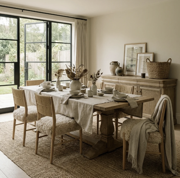 Stourton dining table styled in a softly lit dining room with linen runner, ceramic vases, dried grasses and rush-seated chairs