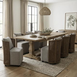Stourton dining table extended to seat eight in a contemporary dining room with cane-back armchairs, a rattan pendant light and botanical wall art