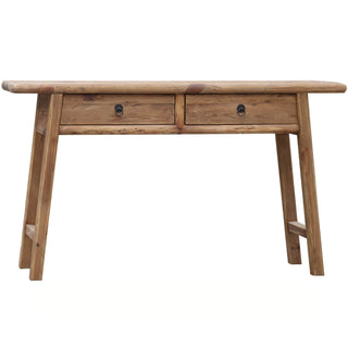 Stourton reclaimed pine console table with two drawers, iron ring pulls and splayed legs