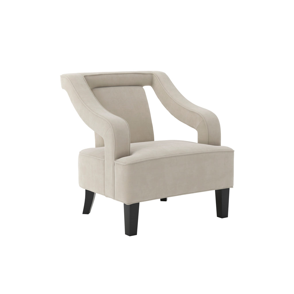 The Studio CTH Beatrice Upholstered Occasional Chair in Ivory exudes sophistication with its elegant contrast piping and refined silhouette. Its plush seat offers luxurious comfort, while the sleek matte black legs add a modern touch. Ideal for any contemporary living space.