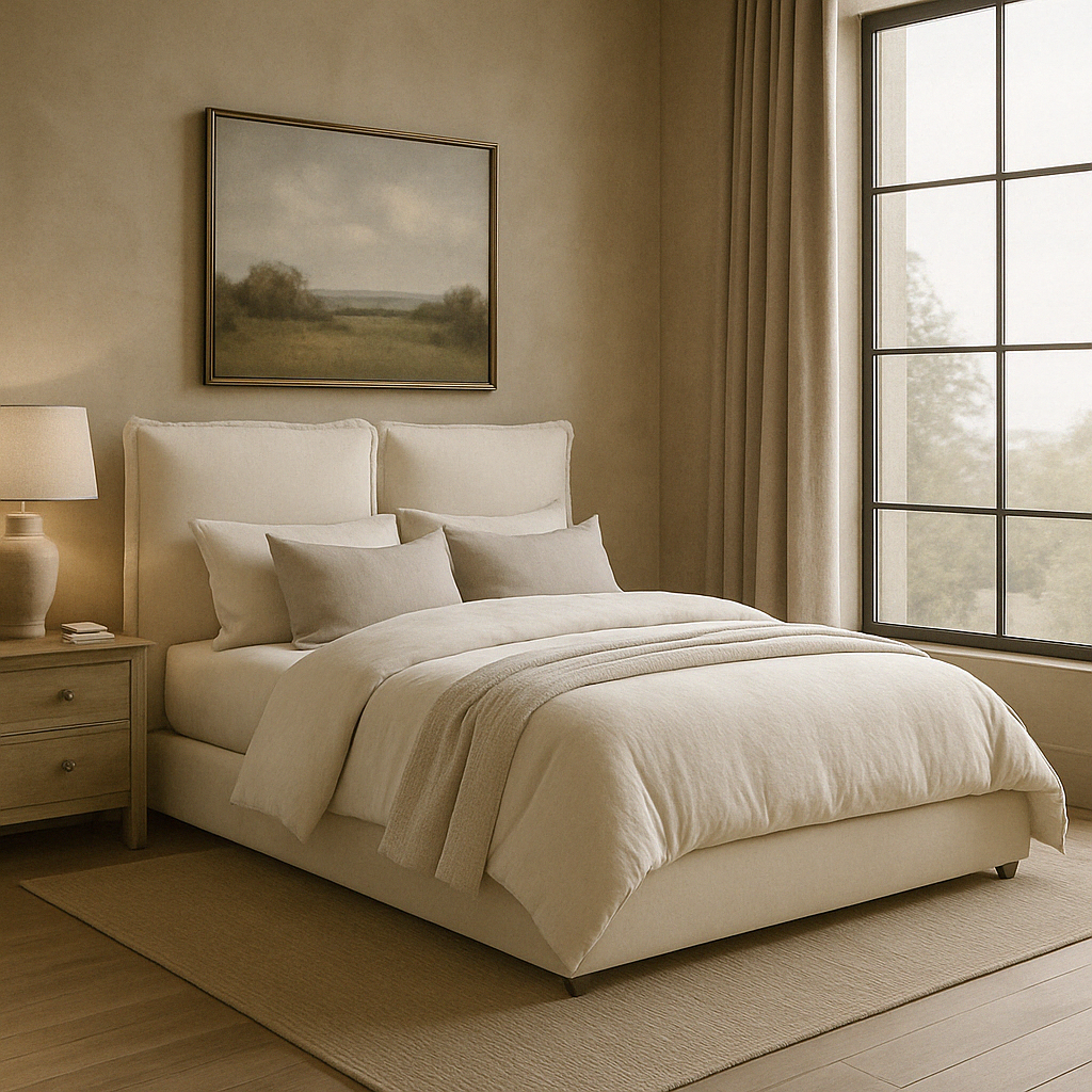 Timeless and sophisticated addition to any bedroom, the Studio CTH Dominique Pillow Back Bed in Ivory Linen Fabric offers both style and support for a restful night's sleep. The neutral colour seamlessly blends into any environment and the unique pillow headboard adds a touch of elegance. Additionally, this bed features sprung slats for added comfort.