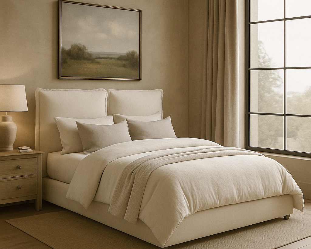 Timeless and sophisticated addition to any bedroom, the Studio CTH Dominique Pillow Back Bed in Ivory Linen Fabric offers both style and support for a restful night's sleep. The neutral colour seamlessly blends into any environment and the unique pillow headboard adds a touch of elegance. Additionally, this bed features sprung slats for added comfort.