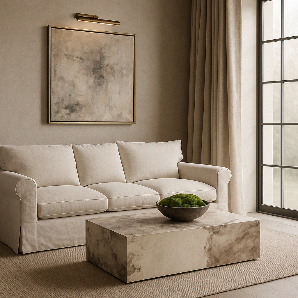 A marble coffee table with a neutral tone, placed in a living room setting with a beige sofa, a framed abstract picture on the wall, and large windows.