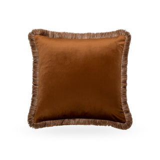 Chestnut brown velvet cushion with double fringe from the Miserden trio