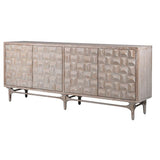 Wooden sideboard with geometric pattern on a white background