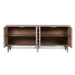 Wooden sideboard with open doors on a white background