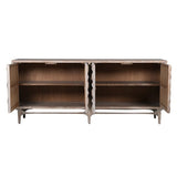 Wooden sideboard with open doors on a white background
