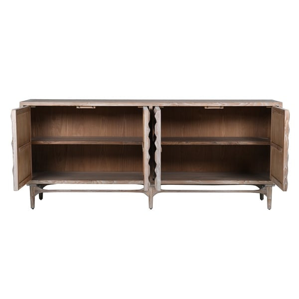 Wooden sideboard with open doors on a white background