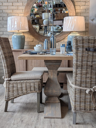 Tatton reclaimed pine dining table in soft grey wash with visible nail marks, knots and weathered grain, 200cm length seating up to 8