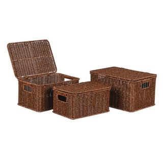 Set of three Tenby lidded faux rattan baskets in graduated sizes, warm chestnut weave