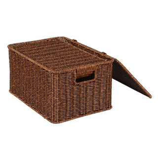 Tenby faux rattan basket with fitted lid lifted, showing woven storage interior and carry handle