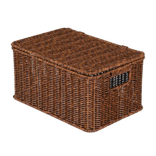 Tenby lidded faux rattan storage basket in warm chestnut weave with cut-out handle