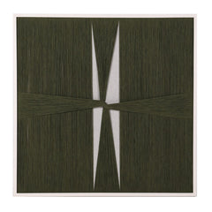 Framed geometric textile art featuring dark green threads creating symmetrical triangular gaps on neutral canvas.