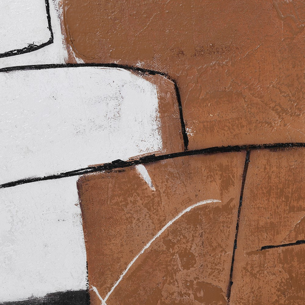 Close-up of textured abstract canvas print with geometric shapes in earthy tones.