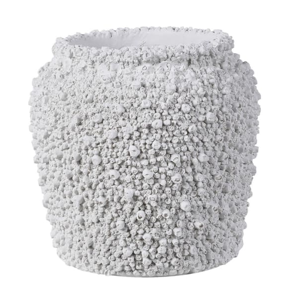 White textured coral-inspired polyresin vase with pebble surface design, modern decorative vase