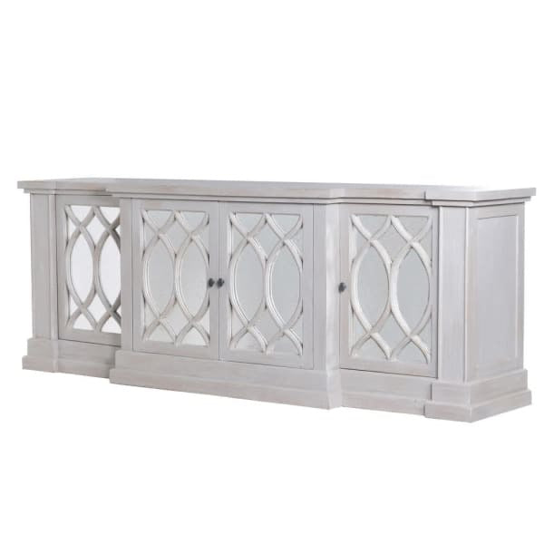 The Erin distressed mahogany sideboard with mirrored doors and lattice detailing