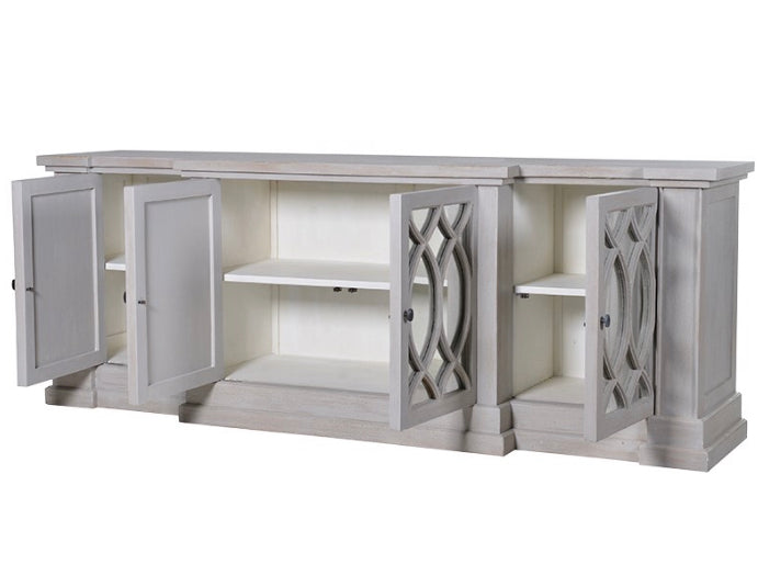 The Erin distressed mahogany sideboard with mirrored doors and lattice detailing DOORS OPEN