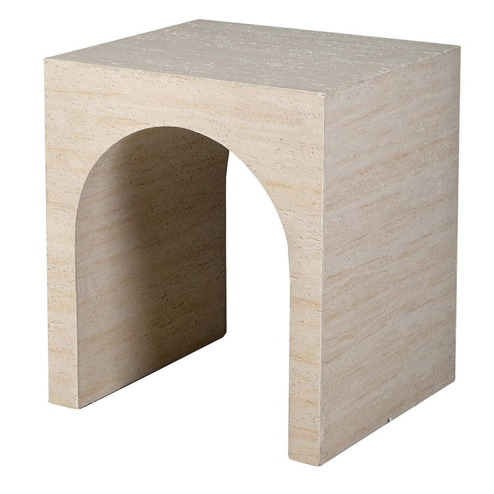 Florence travertine effect side table with arched cut-out design, angled view