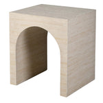 Florence travertine effect side table with arched cut-out design, angled view