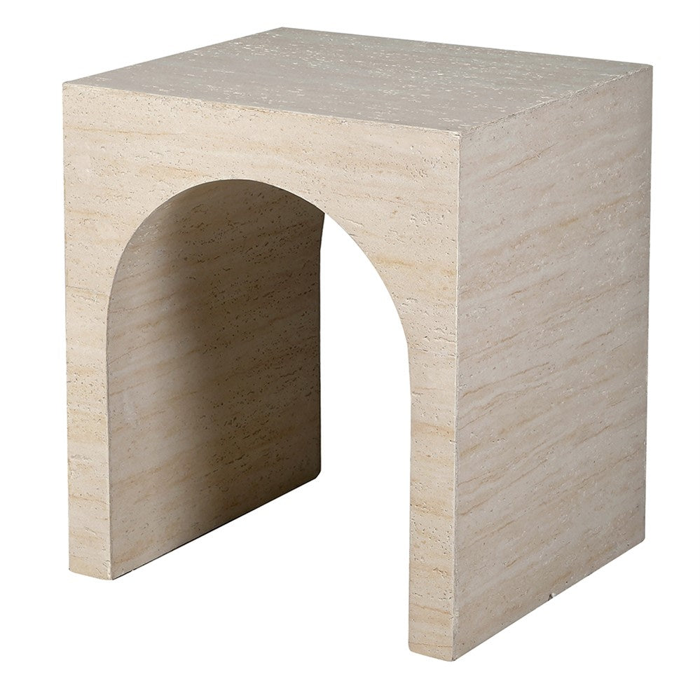 Florence travertine effect side table with arched cut-out design, angled view