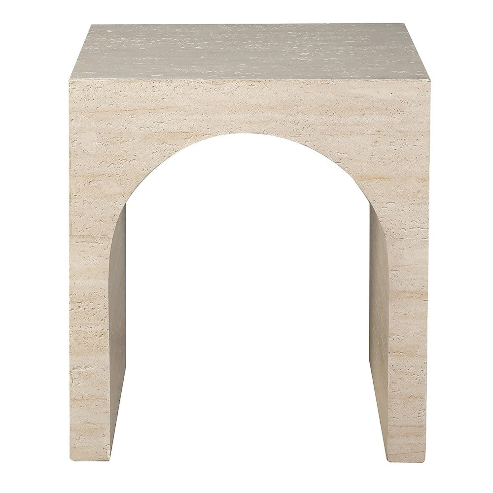 Florence travertine effect side table, front view with arch detail