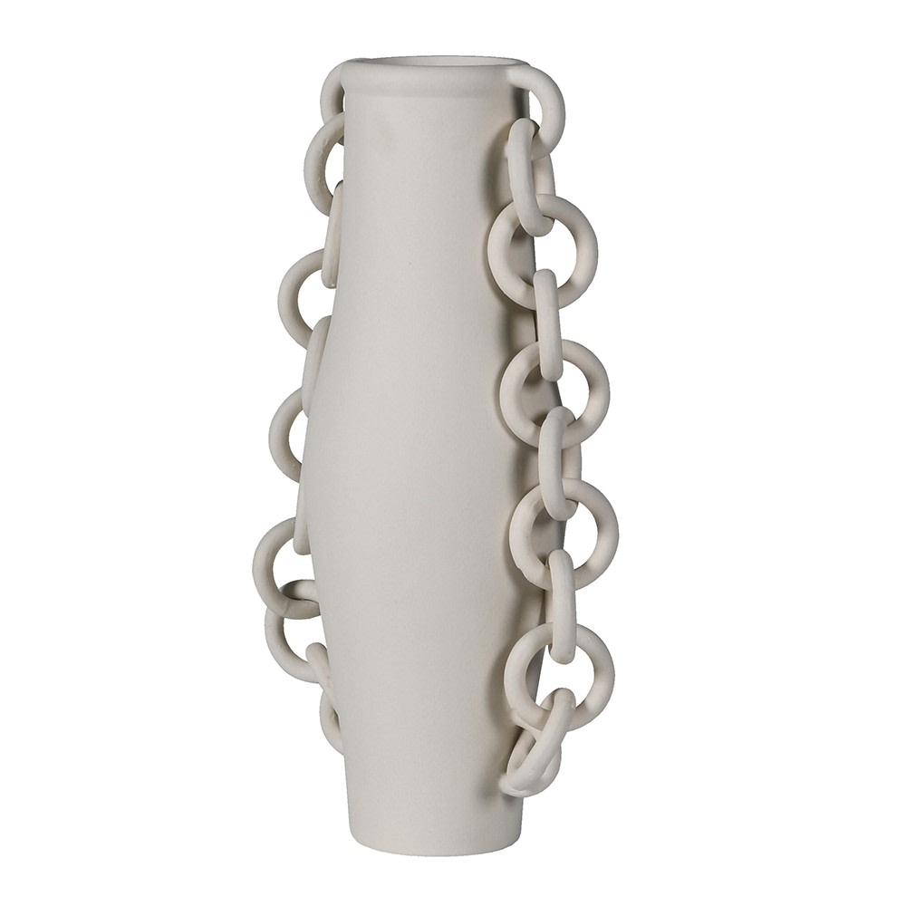 Side angle of The Hecate Chain Ceramic Vase highlighting chain-link details