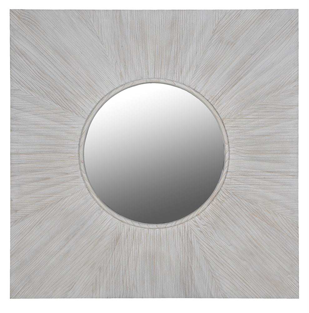 Square pine mirror with circular centre and sunburst carved wood frame in whitewash finish