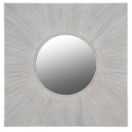 Square pine mirror with circular centre and sunburst carved wood frame in whitewash finish