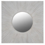 Square pine mirror with circular centre and sunburst carved wood frame in whitewash finish