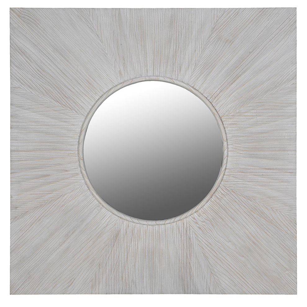 Square pine mirror with circular centre and sunburst carved wood frame in whitewash finish