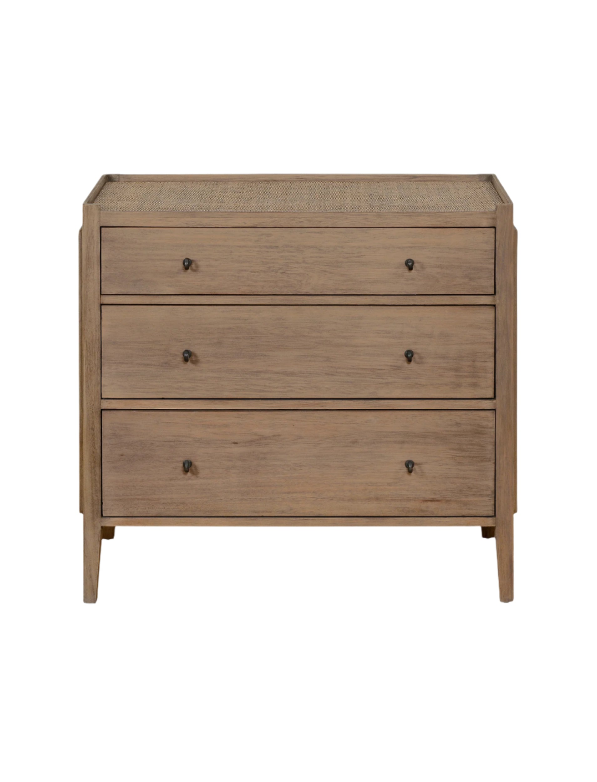 Natural wood 3-drawer dresser with rattan top, brass ring handles, and a warm Mindi veneer finish – ideal for boho or coastal bedrooms.
