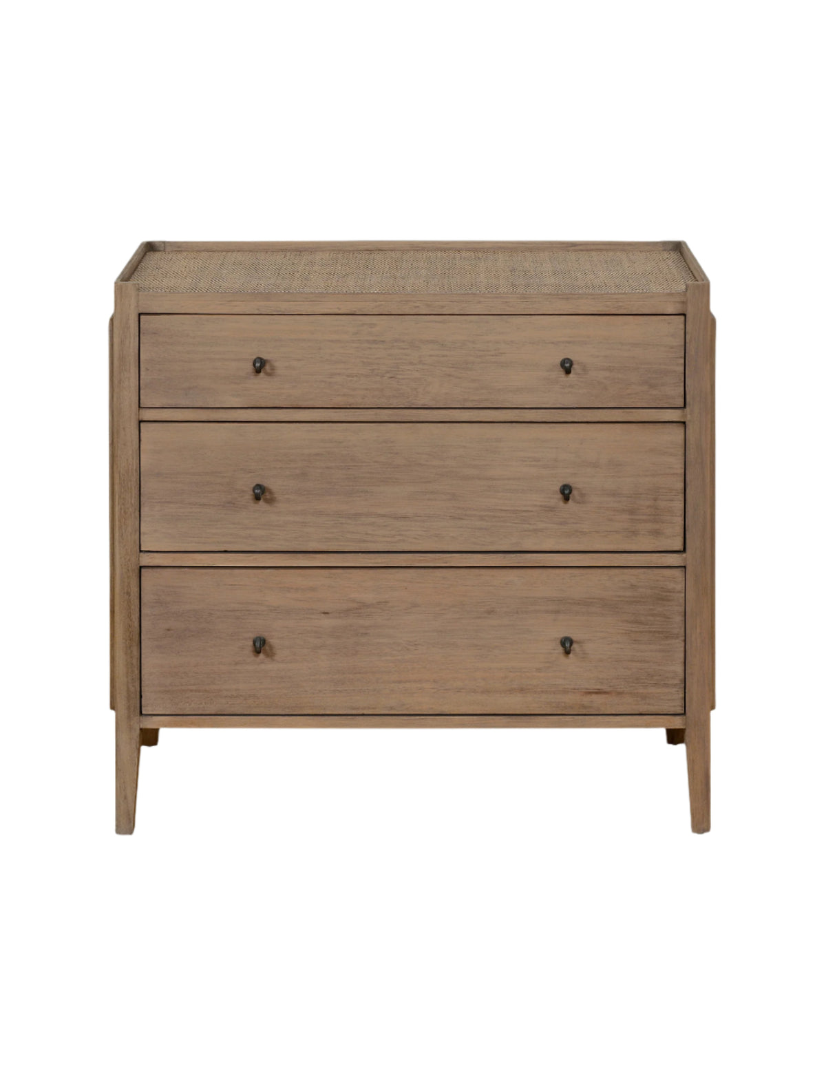 Natural wood 3-drawer dresser with rattan top, brass ring handles, and a warm Mindi veneer finish – ideal for boho or coastal bedrooms.