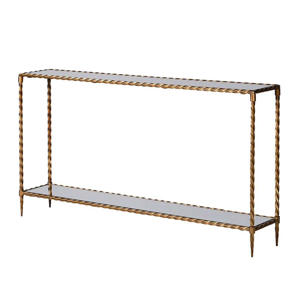 Torsia Gold Twist Frame Console Table side view with mirrored shelves